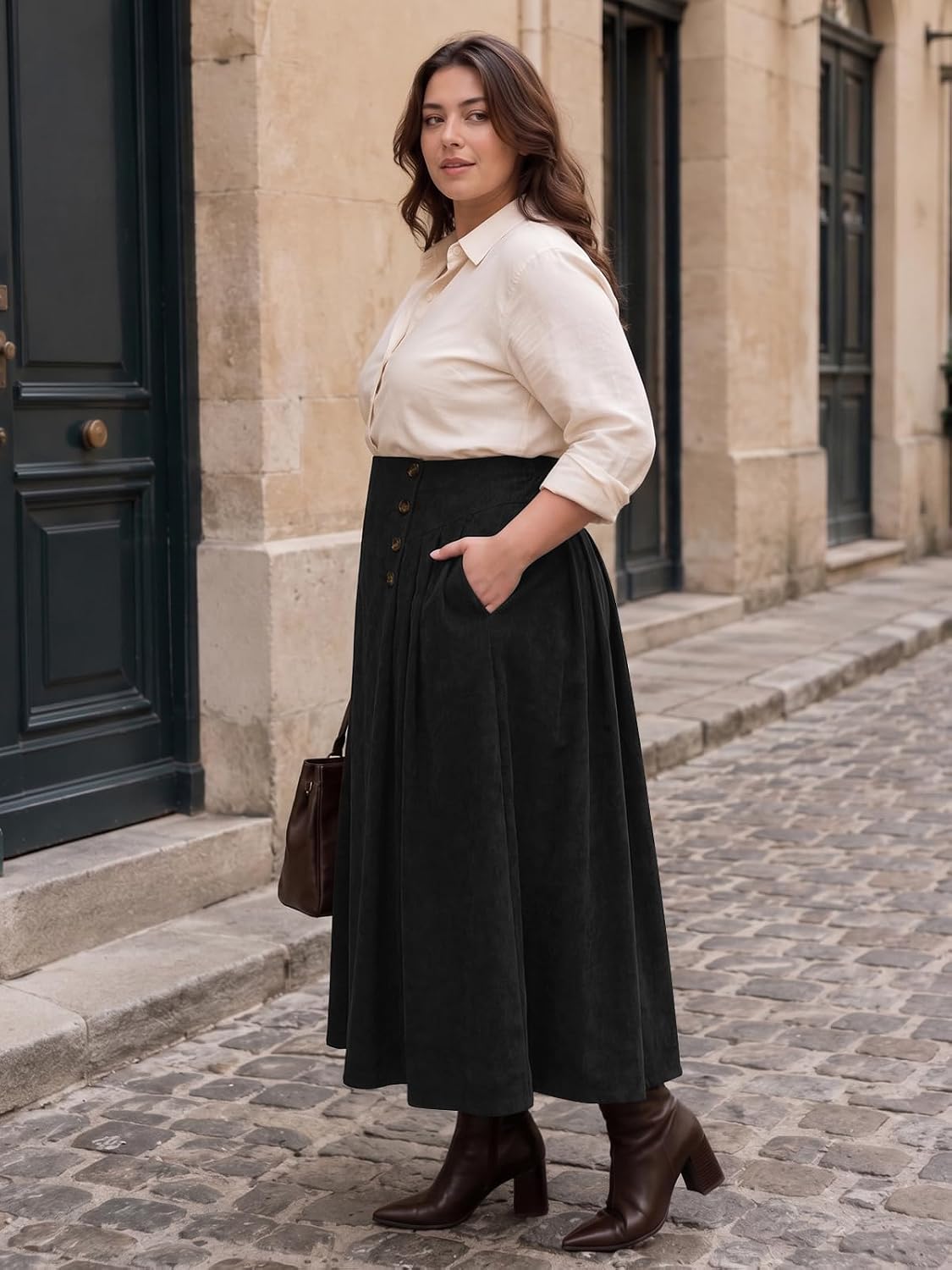 Moon Wood Plus Size Corduroy Maxi Skirt with Pockets - Black - view 4