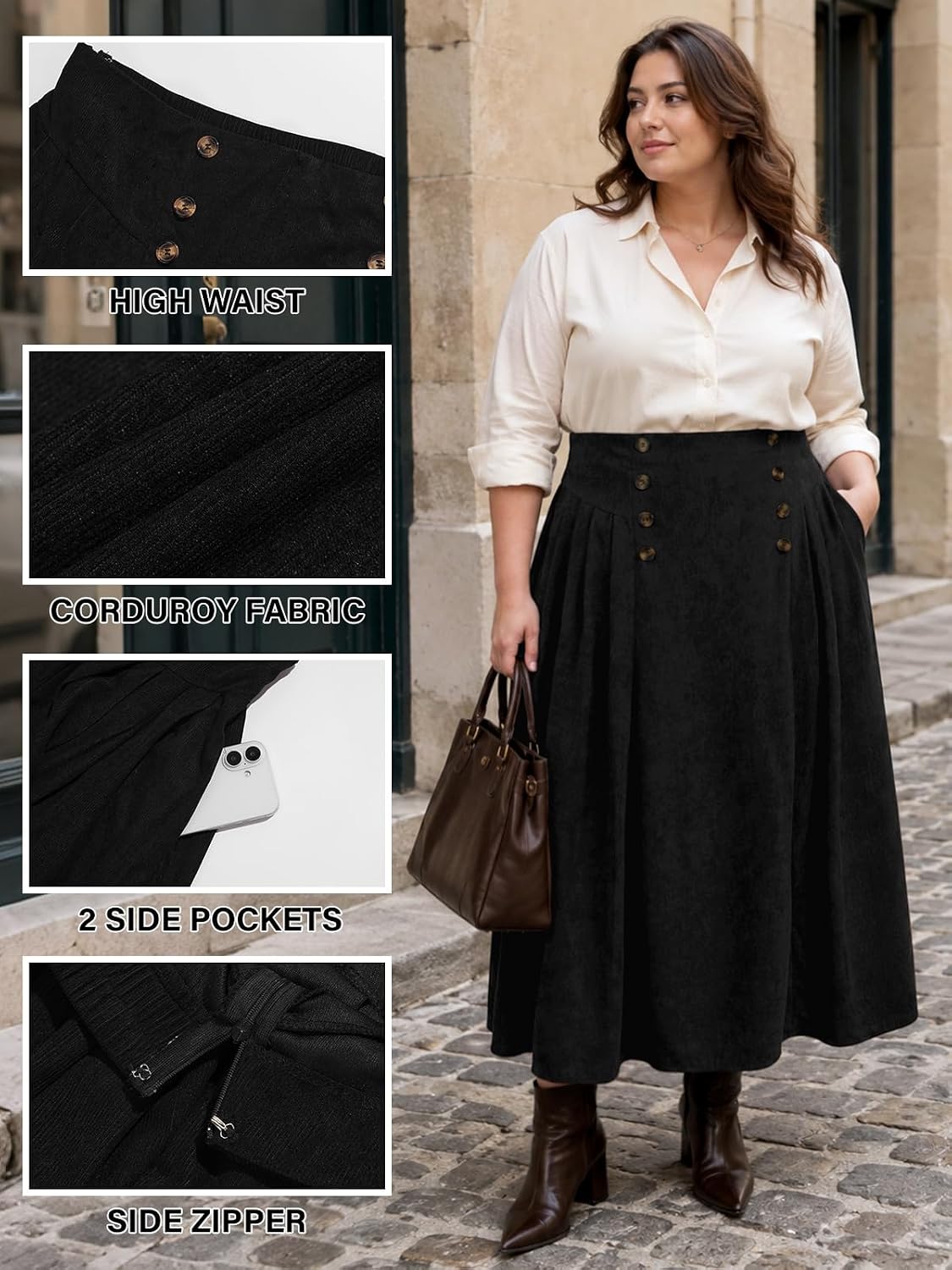 Moon Wood Plus Size Corduroy Maxi Skirt with Pockets - Black - view 5