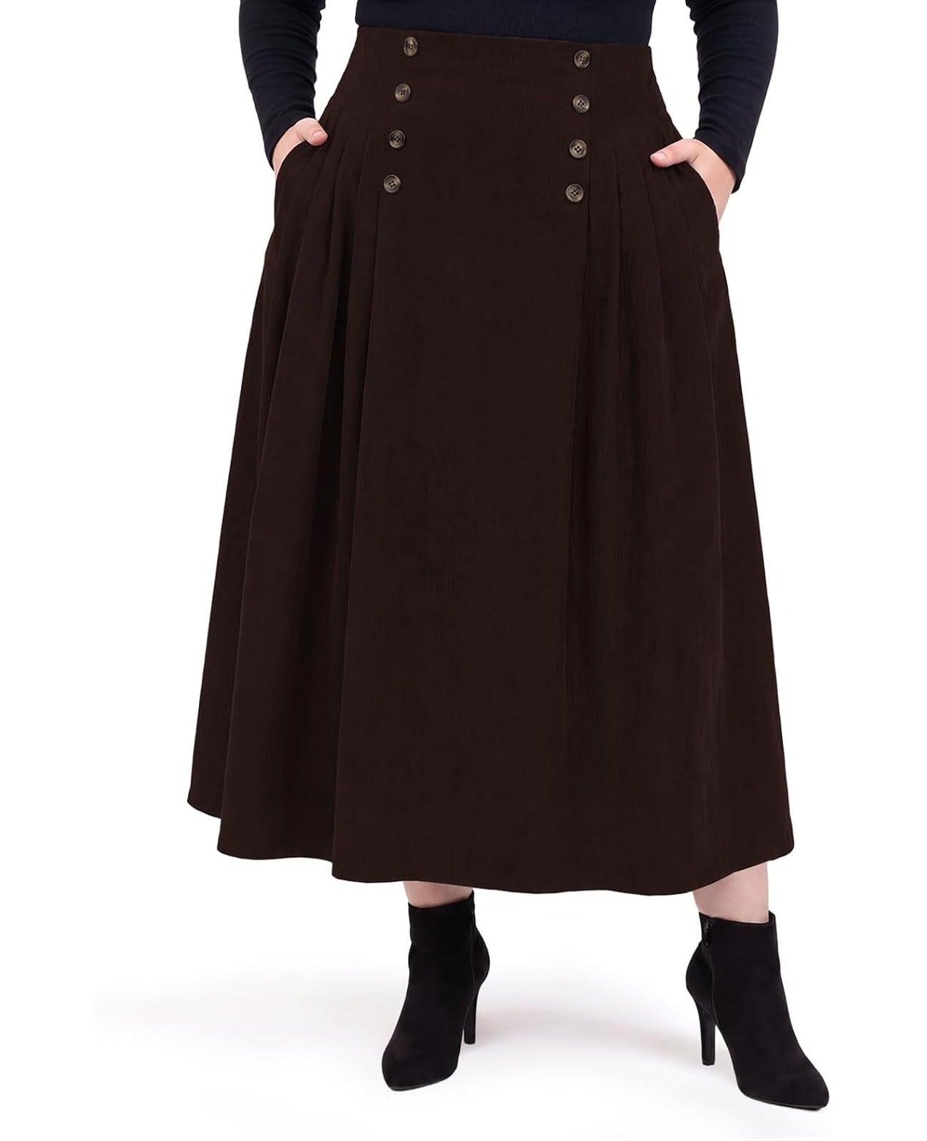 Moon Wood Plus Size Corduroy Maxi Skirt with Pockets - Chocolate - view 1
