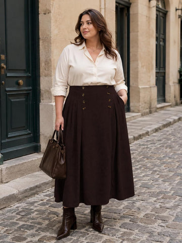 Moon Wood Plus Size Corduroy Maxi Skirt with Pockets - Chocolate - view 2