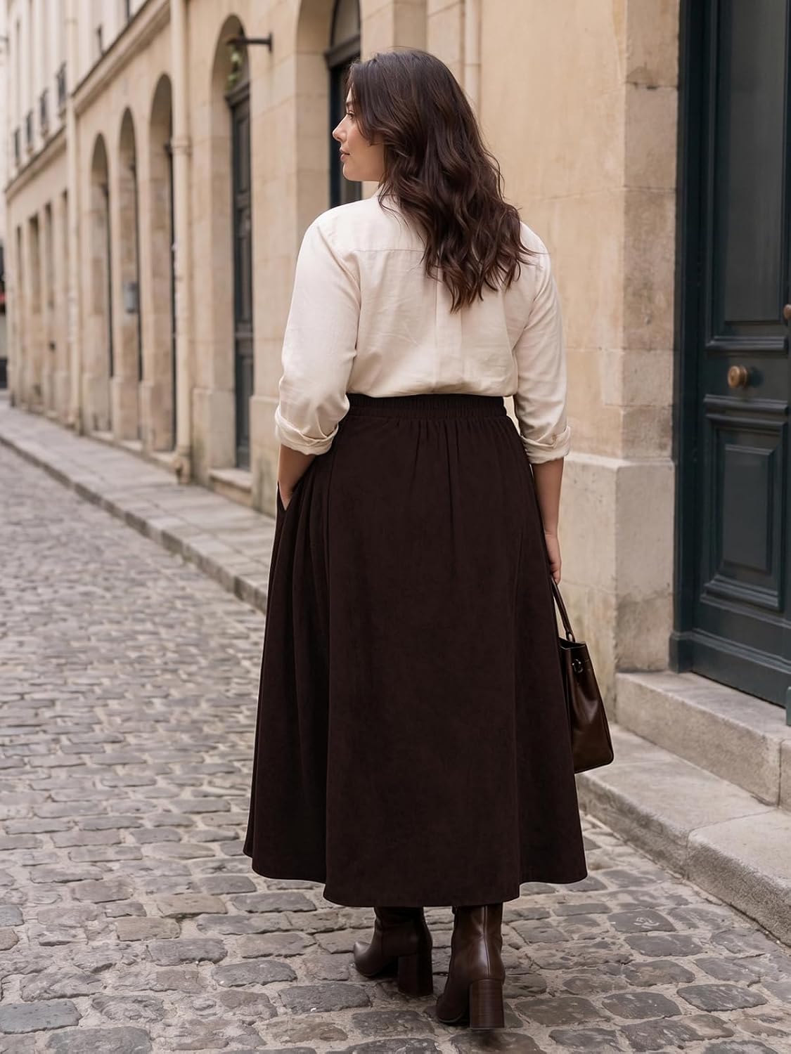 Moon Wood Plus Size Corduroy Maxi Skirt with Pockets - Chocolate - view 3