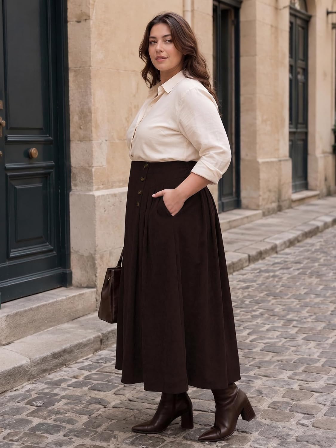 Moon Wood Plus Size Corduroy Maxi Skirt with Pockets - Chocolate - view 4