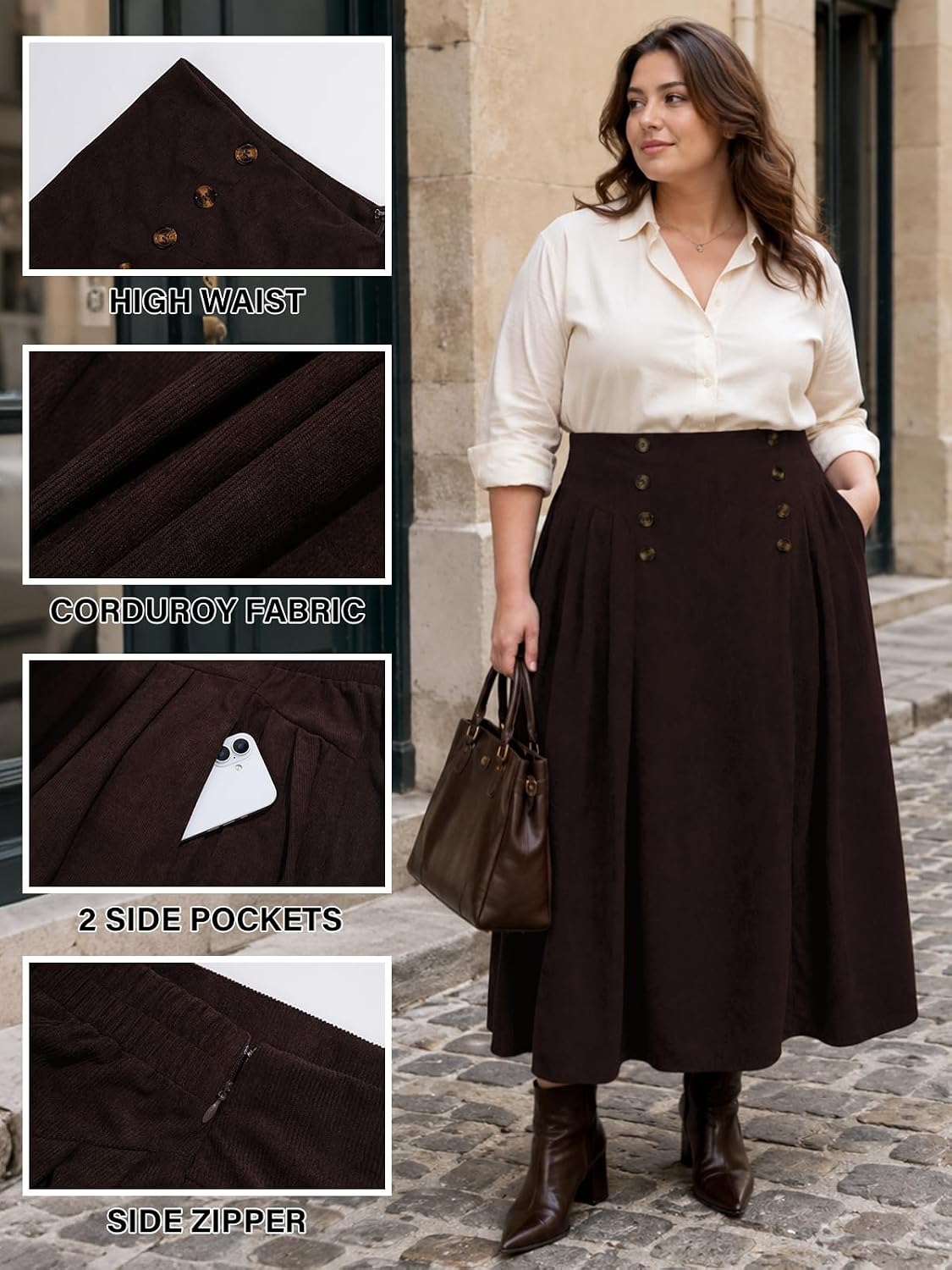 Moon Wood Plus Size Corduroy Maxi Skirt with Pockets - Chocolate - view 5