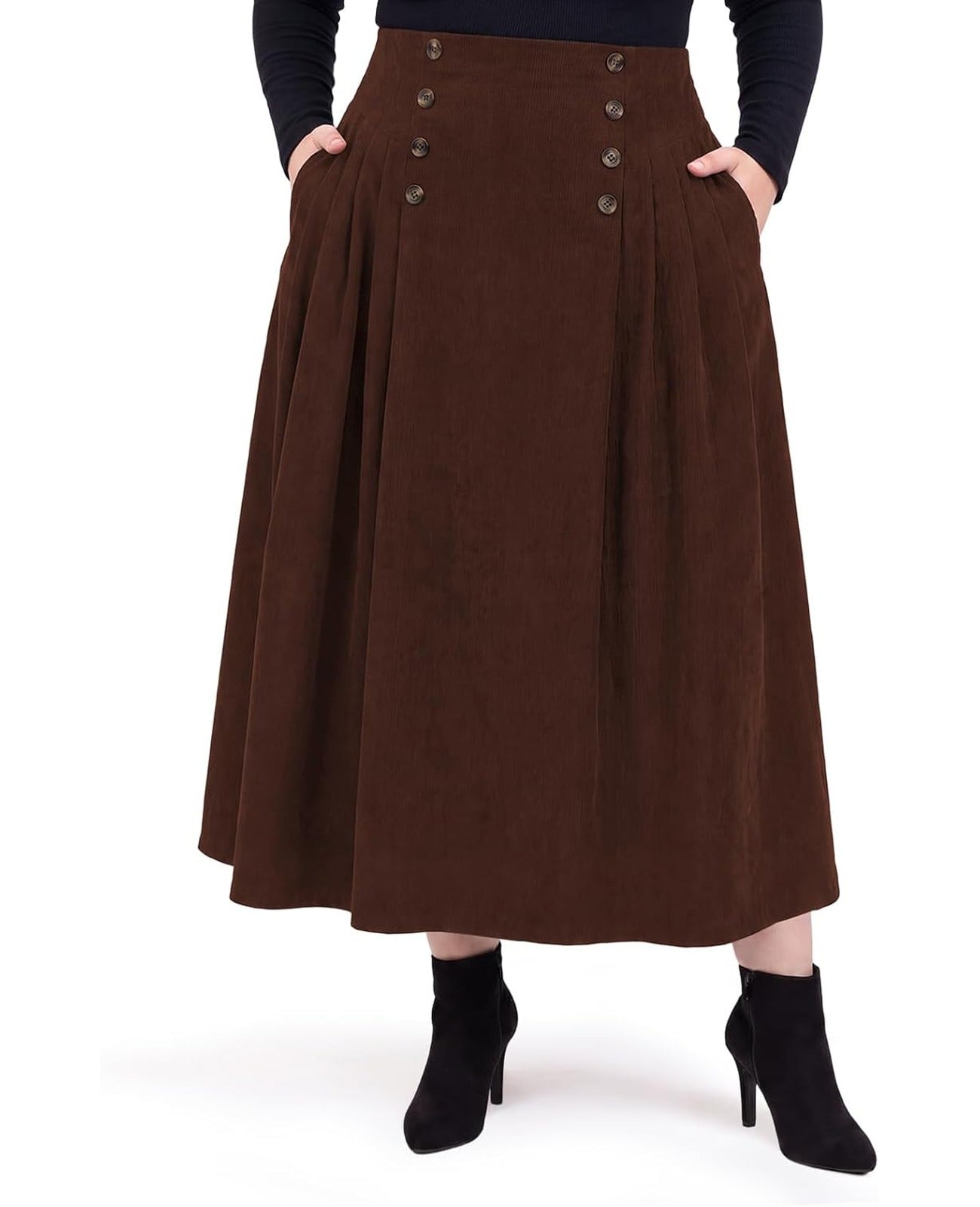 Moon Wood Plus Size Corduroy Maxi Skirt with Pockets - Reddish Brown - view 1