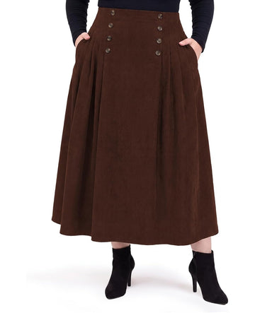 Moon Wood Plus Size Corduroy Maxi Skirt with Pockets - Reddish Brown - view 1