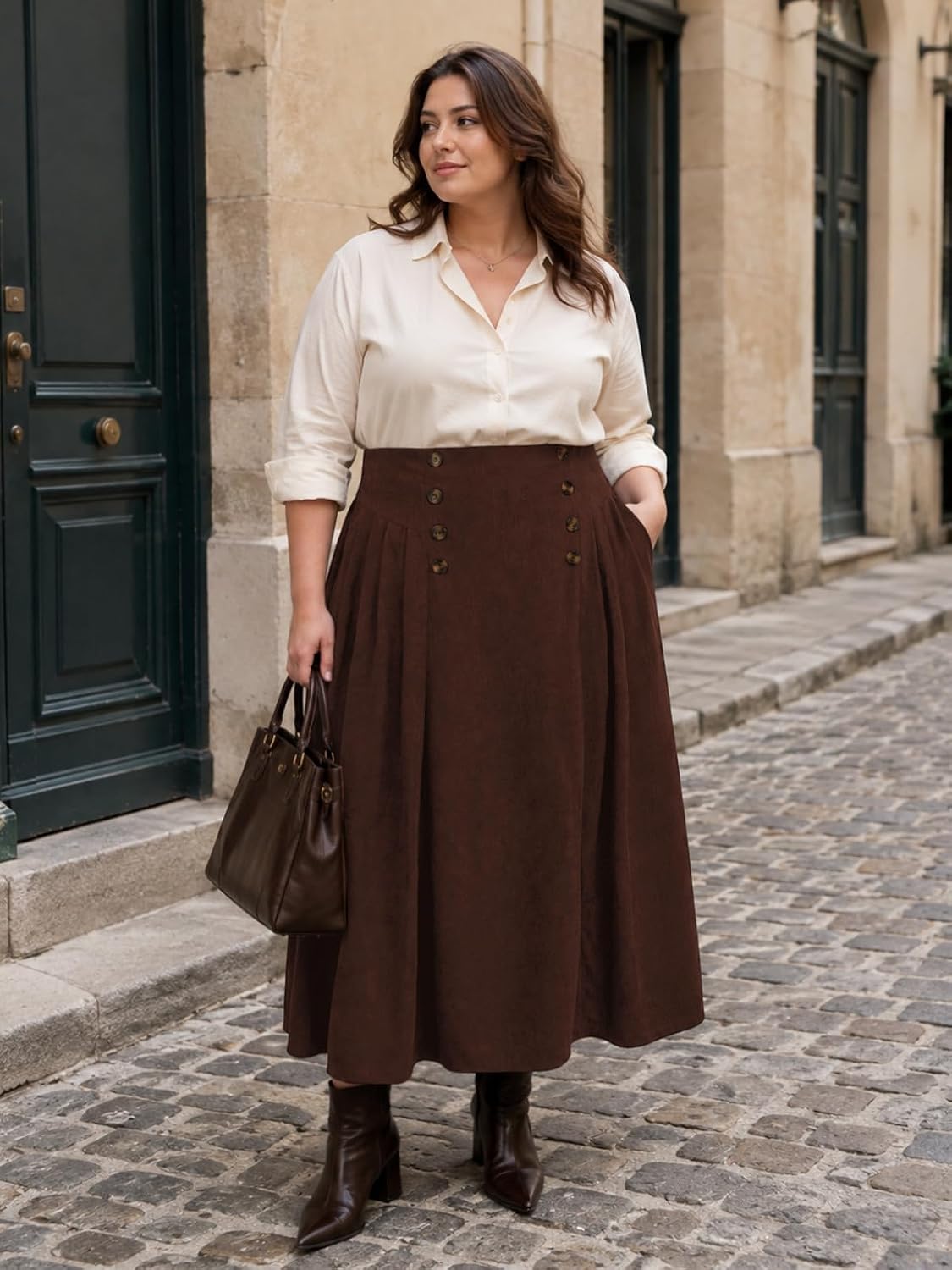 Moon Wood Plus Size Corduroy Maxi Skirt with Pockets - Reddish Brown - view 2