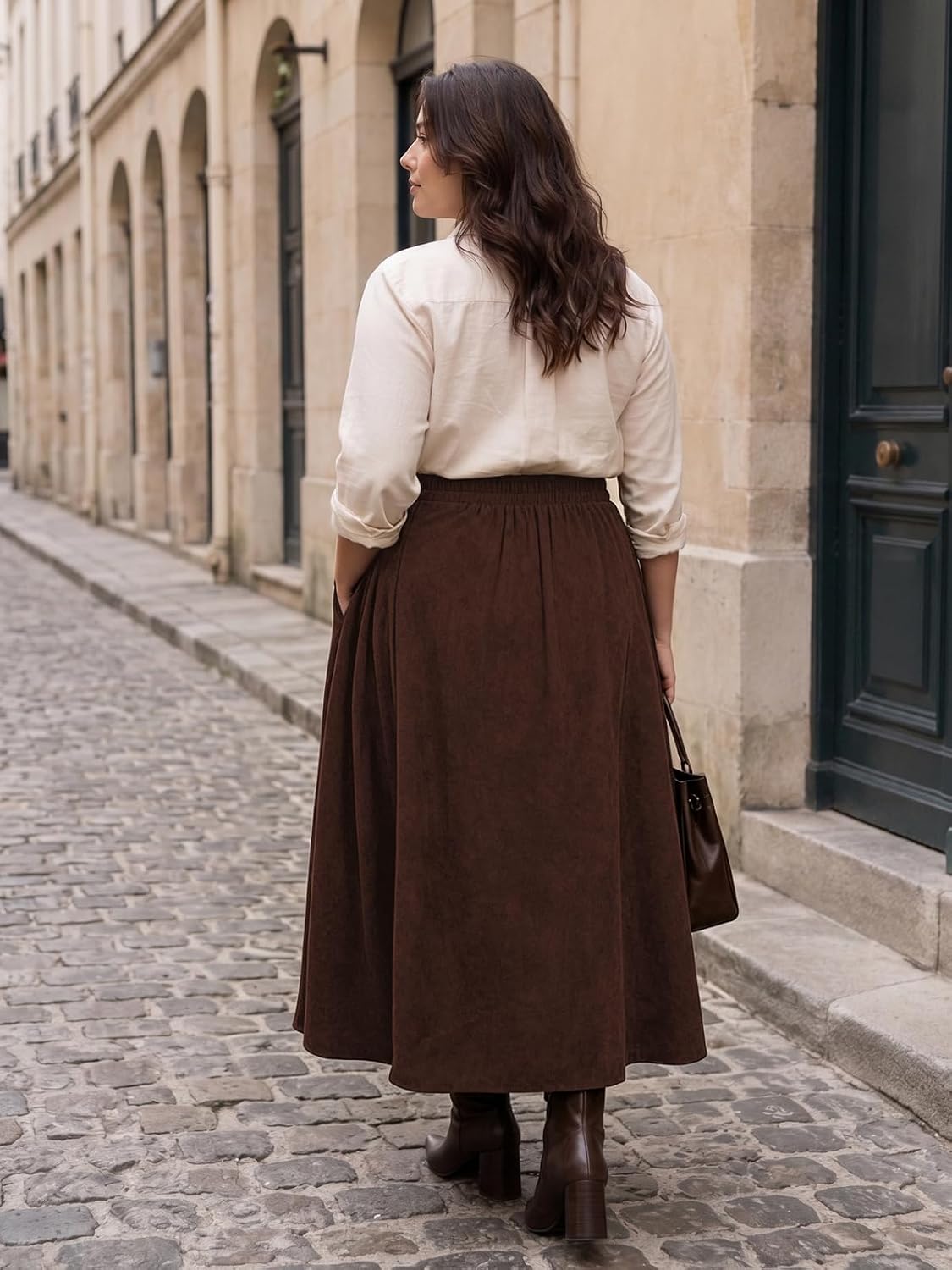 Moon Wood Plus Size Corduroy Maxi Skirt with Pockets - Reddish Brown - view 3