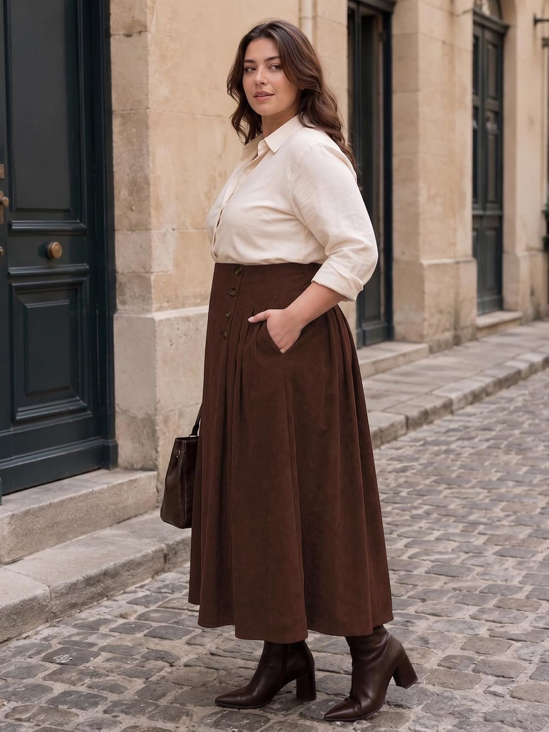 Moon Wood Plus Size Corduroy Maxi Skirt with Pockets - Reddish Brown - view 4