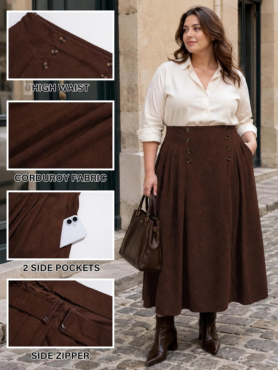 Moon Wood Plus Size Corduroy Maxi Skirt with Pockets - Reddish Brown - view 5