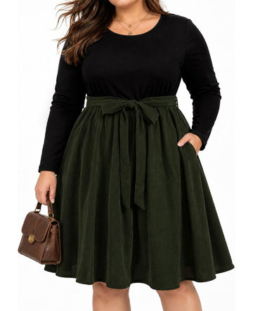 Moon Wood Plus Size Corduroy Midi Dress for Women Belted Fall Dresses with Pockets - Army Green