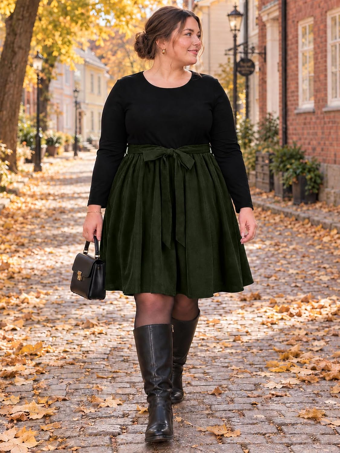 Moon Wood Plus Size Corduroy Midi Dress for Women Belted Fall Dresses with Pockets - Army Green
