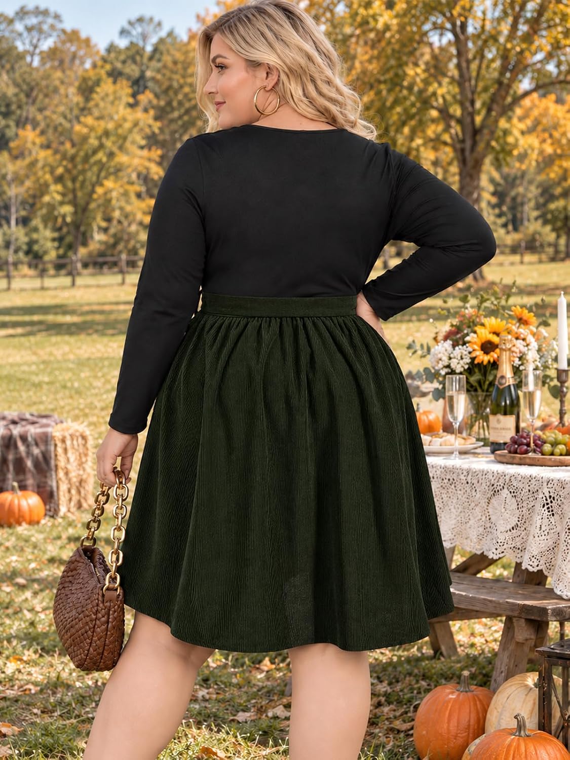 Moon Wood Plus Size Corduroy Midi Dress for Women Belted Fall Dresses with Pockets - Army Green