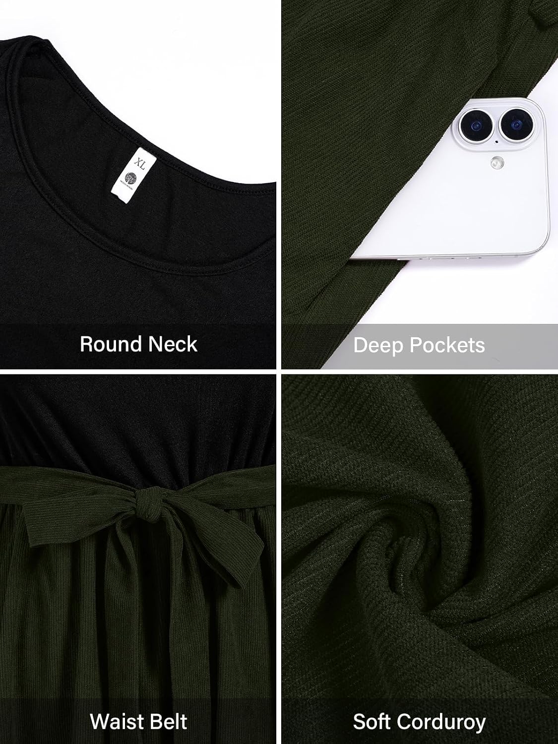 Moon Wood Plus Size Corduroy Midi Dress for Women Belted Fall Dresses with Pockets - Army Green