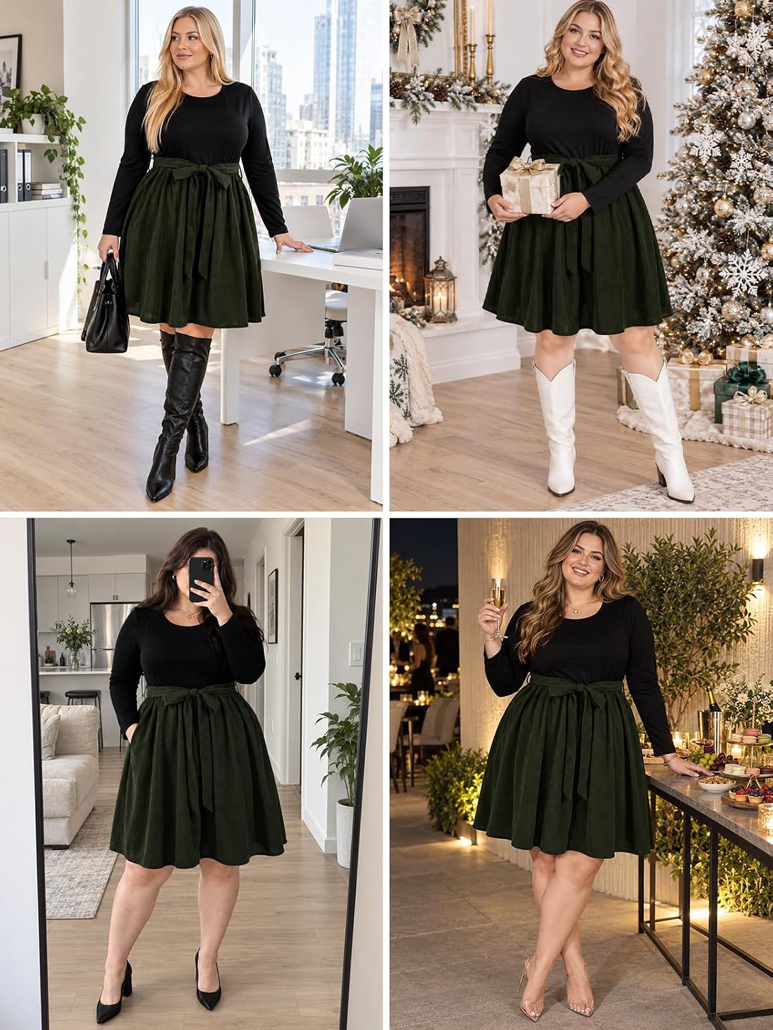 Moon Wood Plus Size Corduroy Midi Dress for Women Belted Fall Dresses with Pockets - Army Green