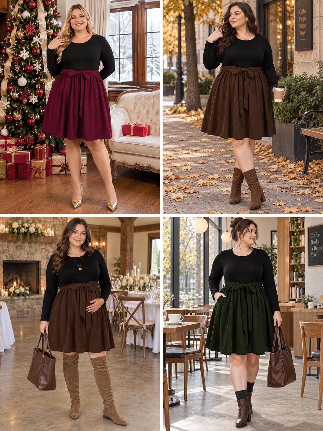 Moon Wood Plus Size Corduroy Midi Dress for Women Belted Fall Dresses with Pockets - Army Green