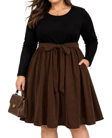 Moon Wood Plus Size Corduroy Midi Dress for Women Belted Fall Dresses with Pockets - Brown