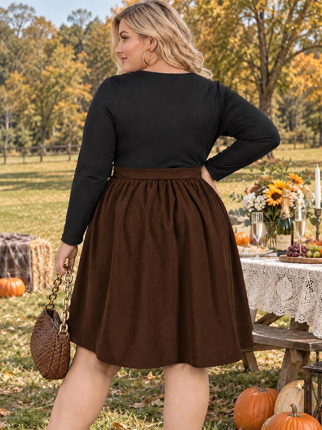 Moon Wood Plus Size Corduroy Midi Dress for Women Belted Fall Dresses with Pockets - Brown