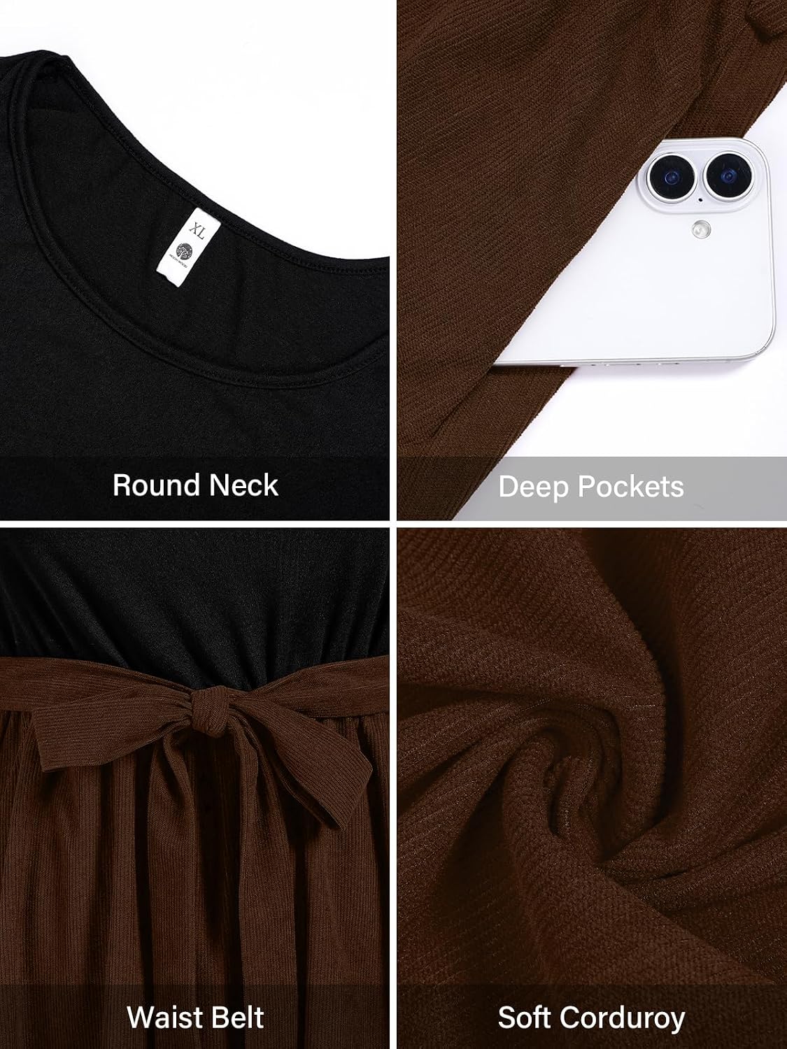 Moon Wood Plus Size Corduroy Midi Dress for Women Belted Fall Dresses with Pockets - Brown