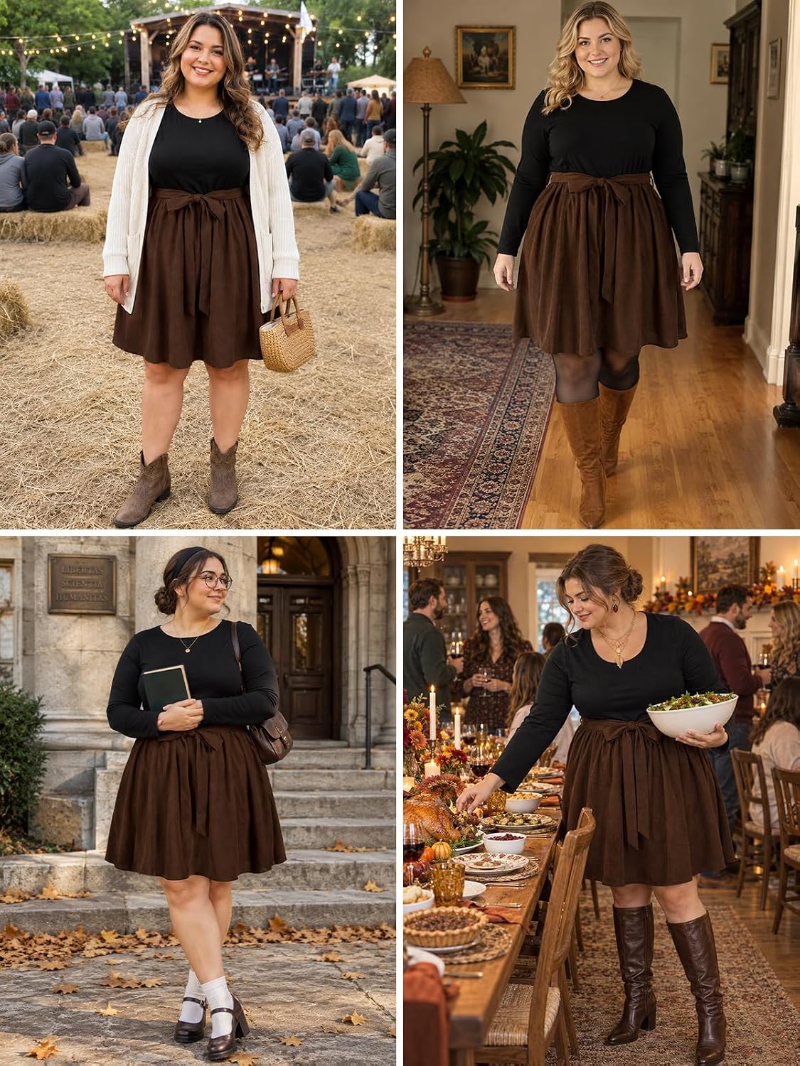 Moon Wood Plus Size Corduroy Midi Dress for Women Belted Fall Dresses with Pockets - Brown