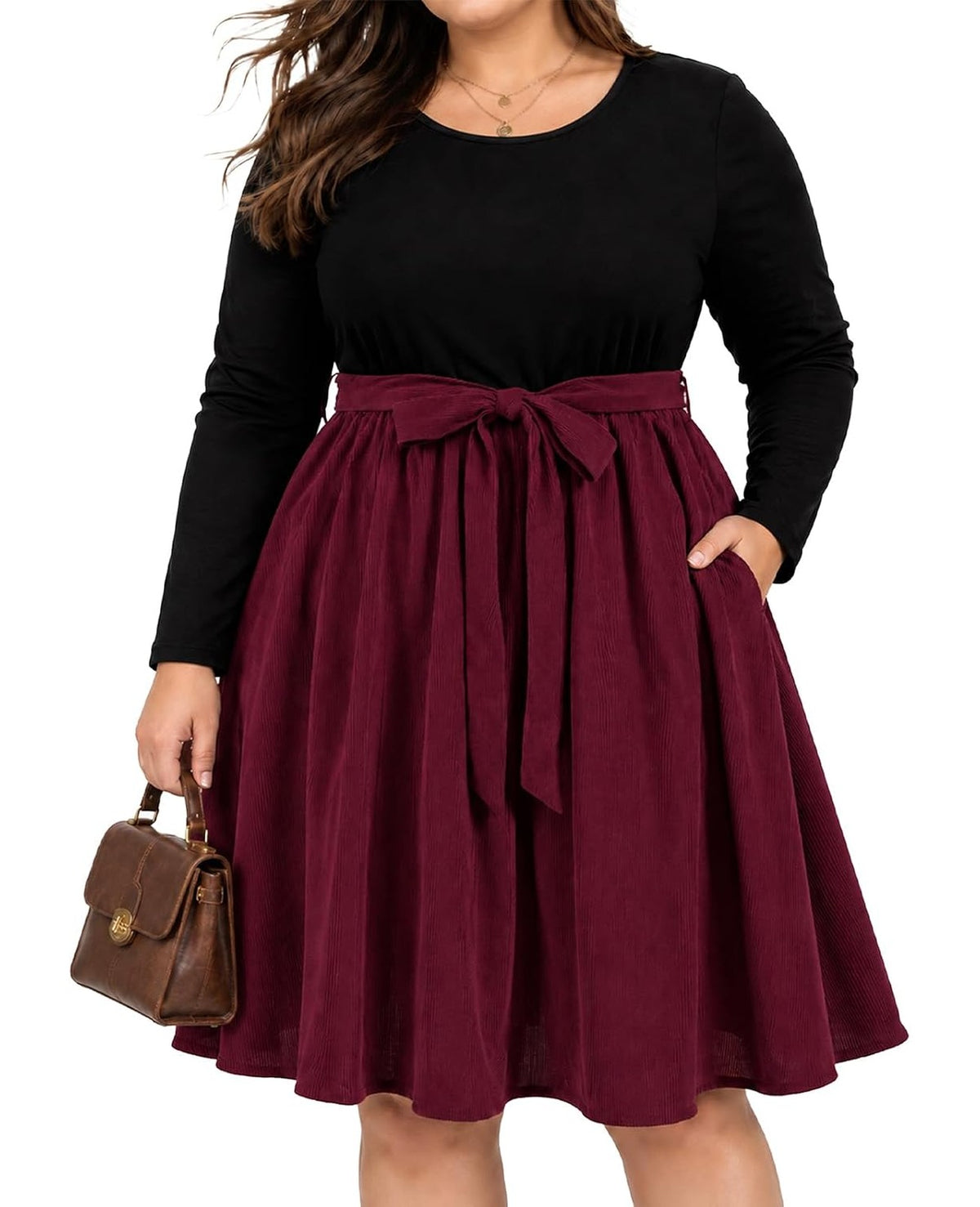 Moon Wood Plus Size Corduroy Midi Dress for Women Belted Fall Dresses with Pockets - Burgundy