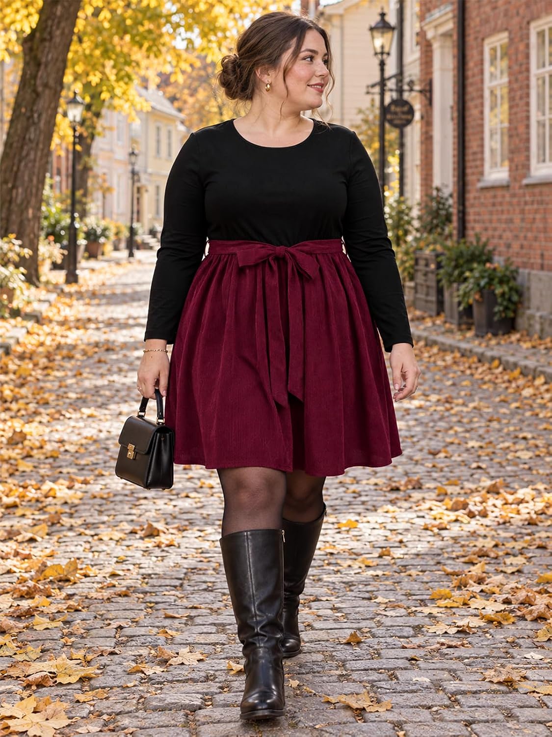 Moon Wood Plus Size Corduroy Midi Dress for Women Belted Fall Dresses with Pockets - Burgundy