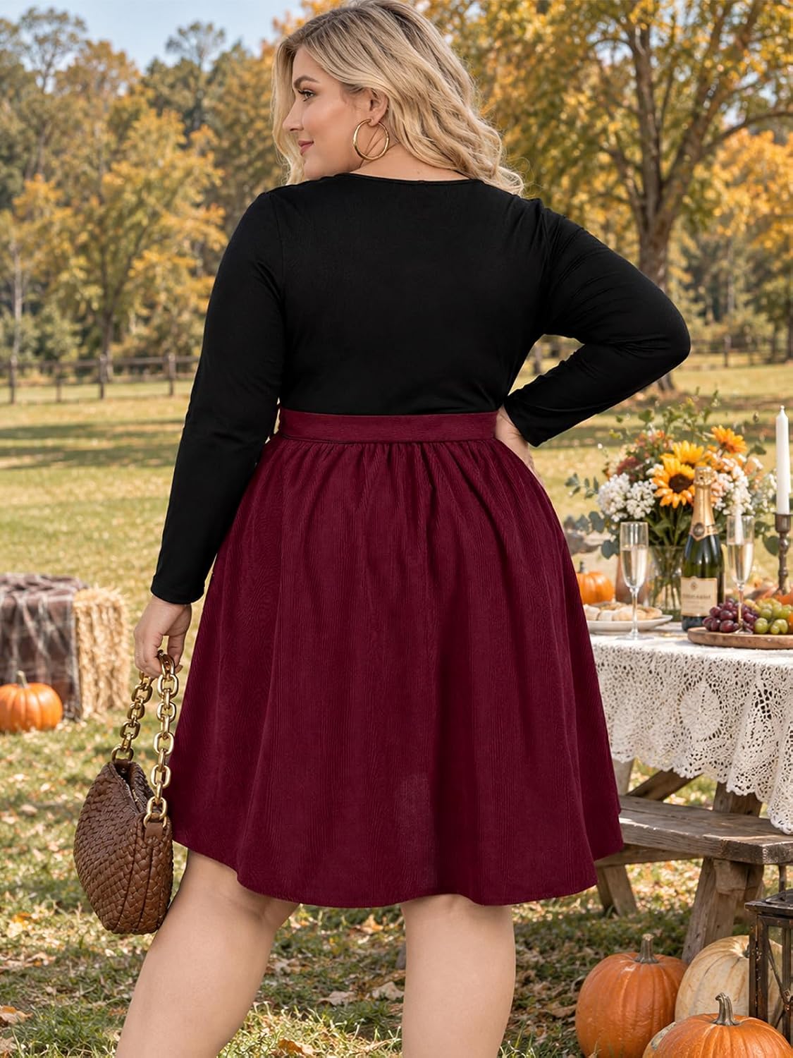 Moon Wood Plus Size Corduroy Midi Dress for Women Belted Fall Dresses with Pockets - Burgundy