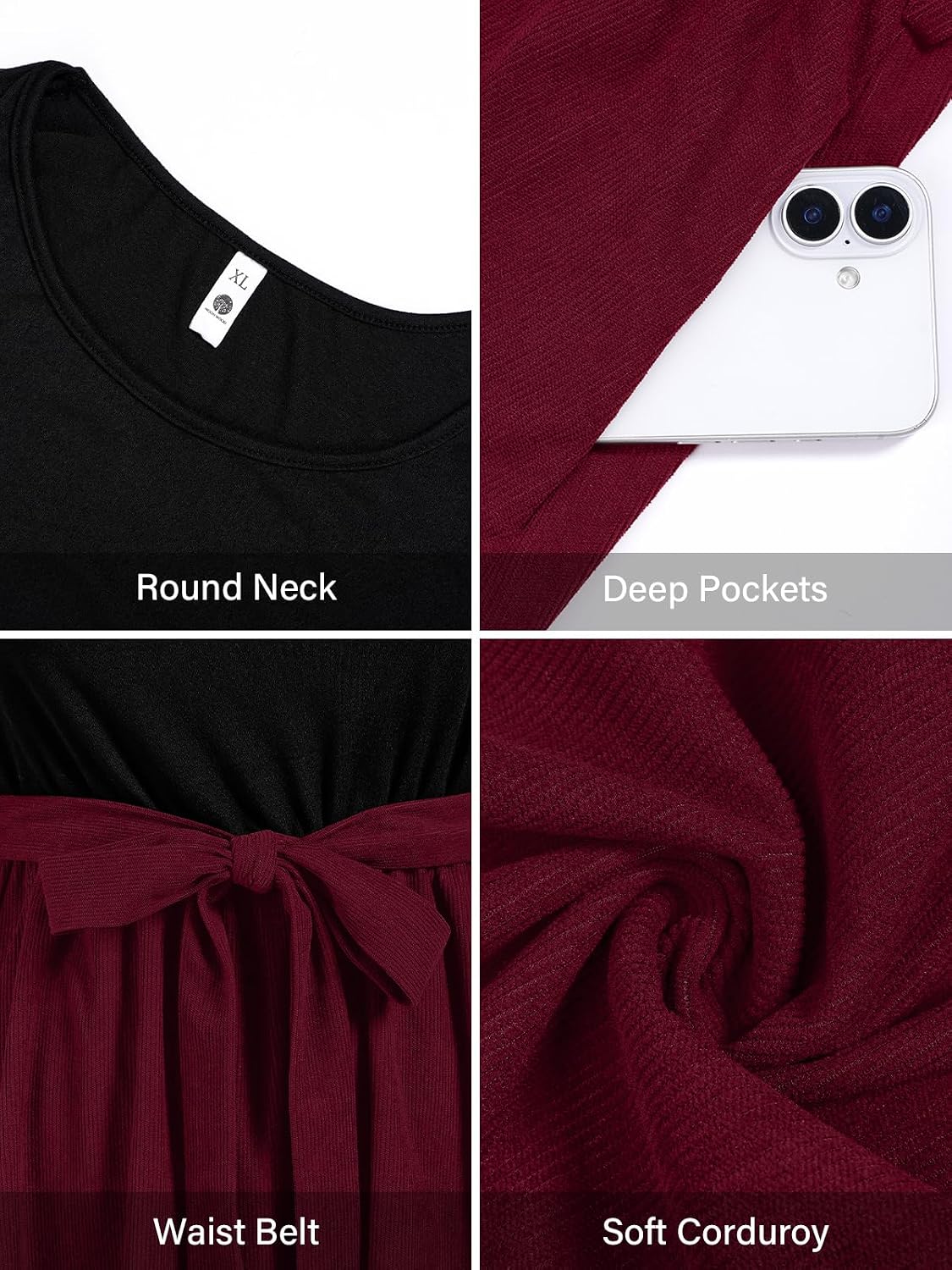 Moon Wood Plus Size Corduroy Midi Dress for Women Belted Fall Dresses with Pockets - Burgundy