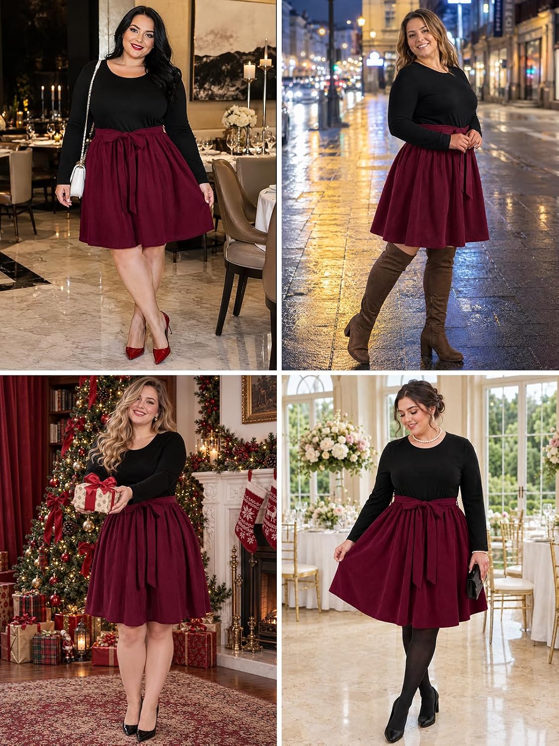 Moon Wood Plus Size Corduroy Midi Dress for Women Belted Fall Dresses with Pockets - Burgundy