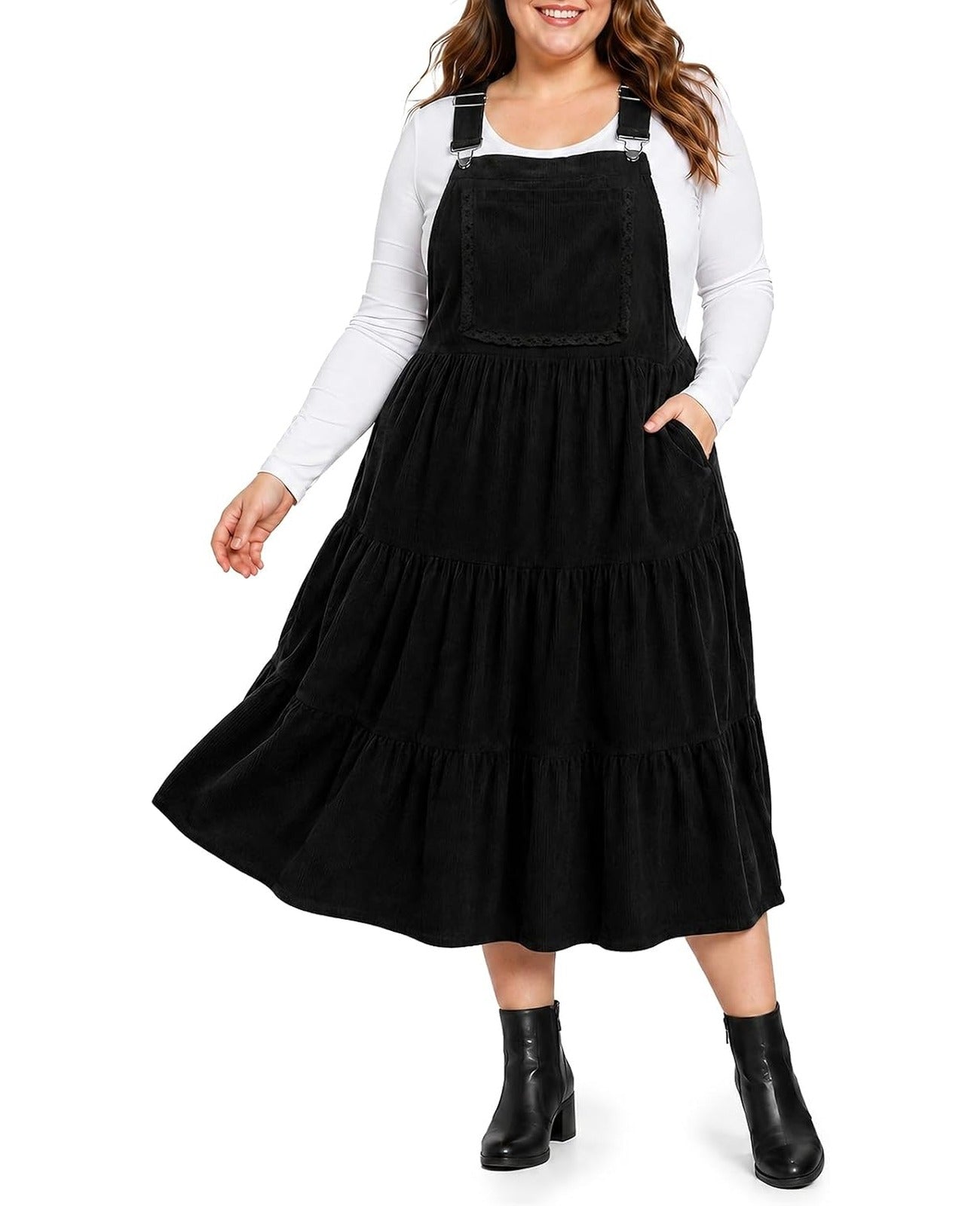 Moon Wood Plus Size Corduroy Overall Dress for Women Pinafore Jumper Dress - Black