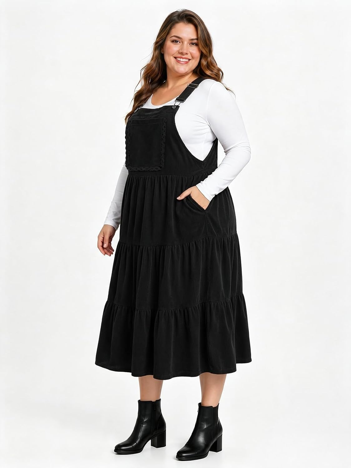 Moon Wood Plus Size Corduroy Overall Dress for Women Pinafore Jumper Dress - Black