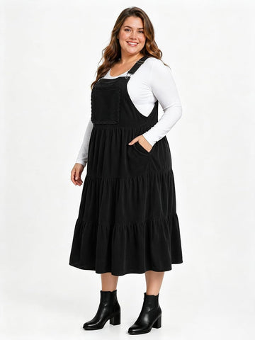 Moon Wood Plus Size Corduroy Overall Dress for Women Pinafore Jumper Dress - Black