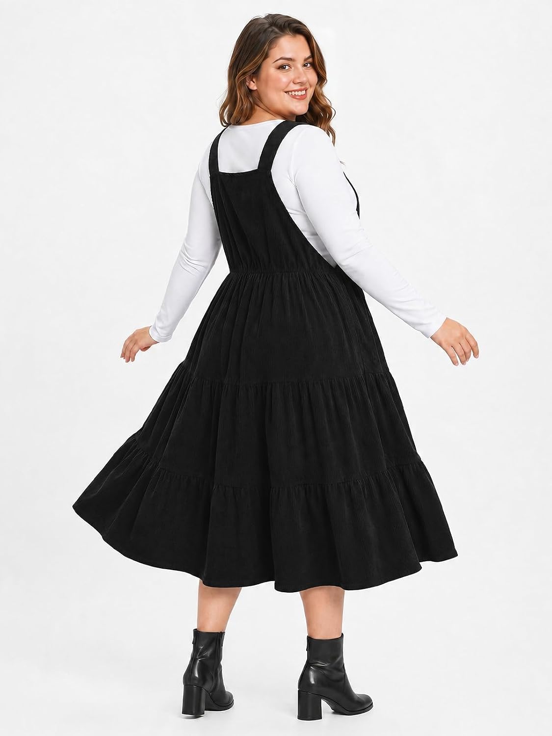 Moon Wood Plus Size Corduroy Overall Dress for Women Pinafore Jumper Dress - Black