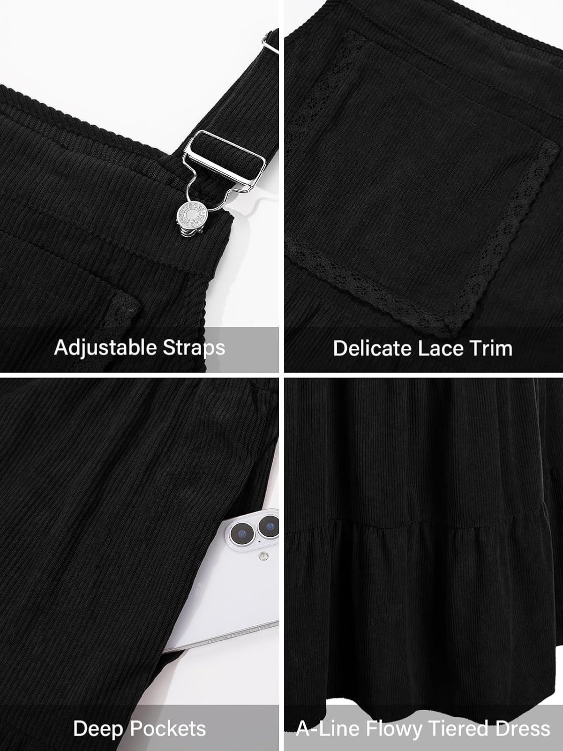 Moon Wood Plus Size Corduroy Overall Dress for Women Pinafore Jumper Dress - Black