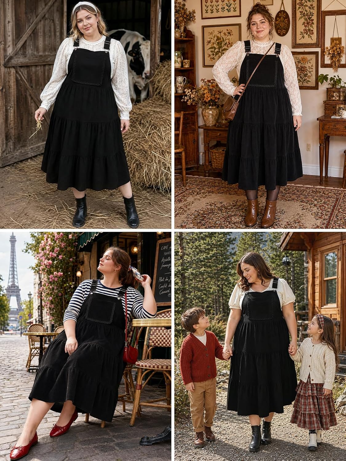 Moon Wood Plus Size Corduroy Overall Dress for Women Pinafore Jumper Dress - Black