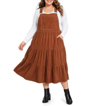 Moon Wood Plus Size Corduroy Overall Dress for Women Pinafore Jumper Dress - Brown
