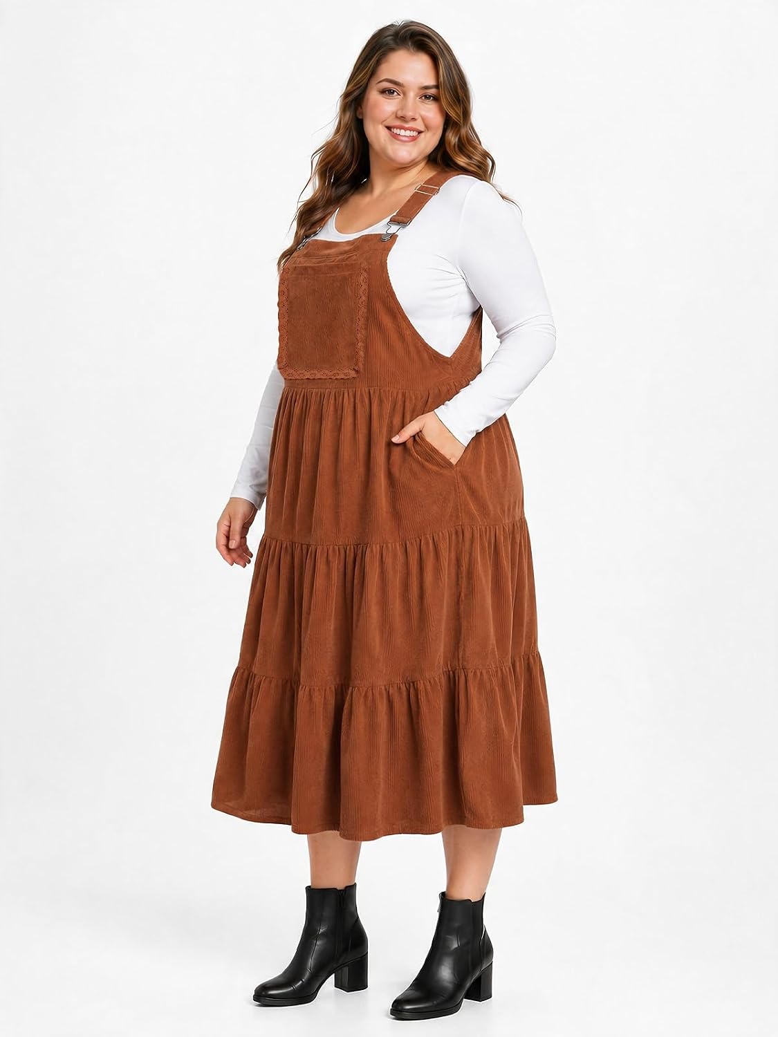 Moon Wood Plus Size Corduroy Overall Dress for Women Pinafore Jumper Dress - Brown