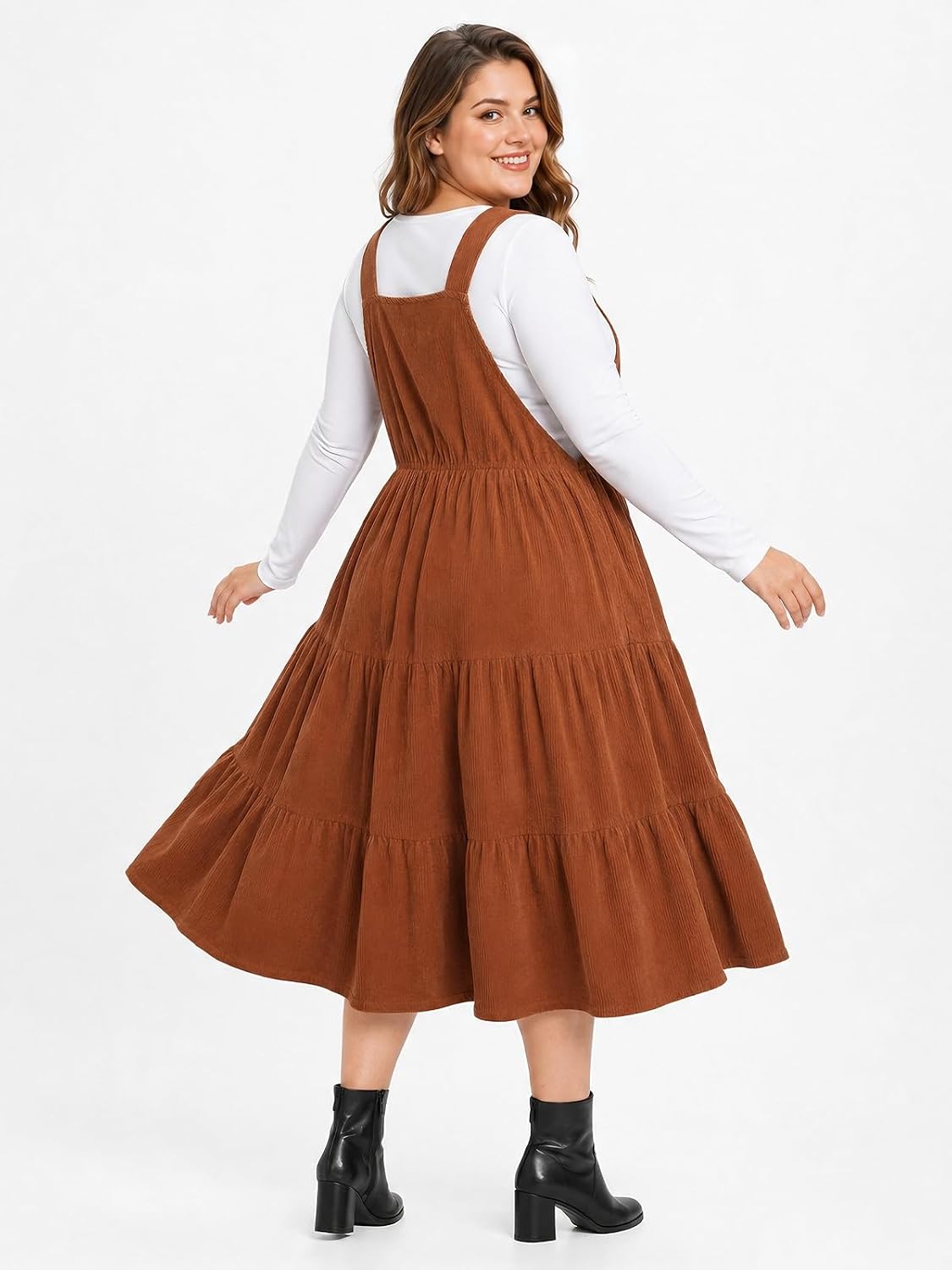 Moon Wood Plus Size Corduroy Overall Dress for Women Pinafore Jumper Dress - Brown
