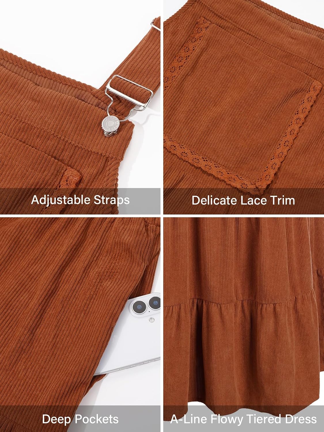 Moon Wood Plus Size Corduroy Overall Dress for Women Pinafore Jumper Dress - Brown