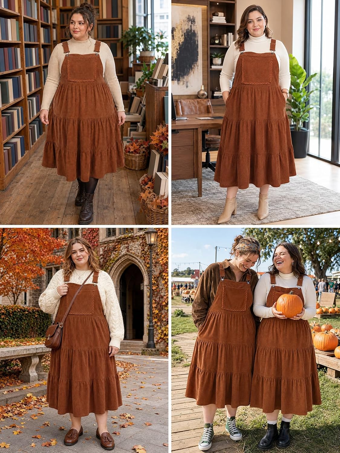 Moon Wood Plus Size Corduroy Overall Dress for Women Pinafore Jumper Dress - Brown