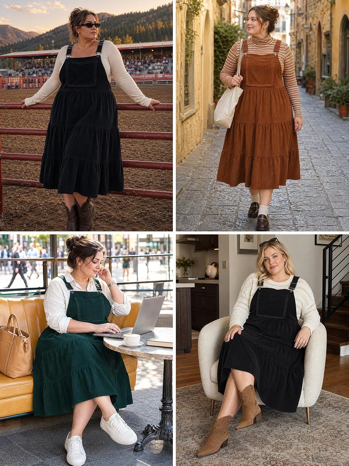 Moon Wood Plus Size Corduroy Overall Dress for Women Pinafore Jumper Dress - Brown