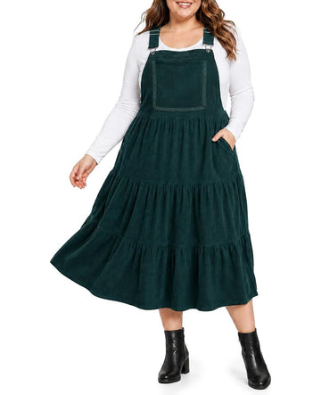 Moon Wood Plus Size Corduroy Overall Dress for Women Pinafore Jumper Dress - Dark Green