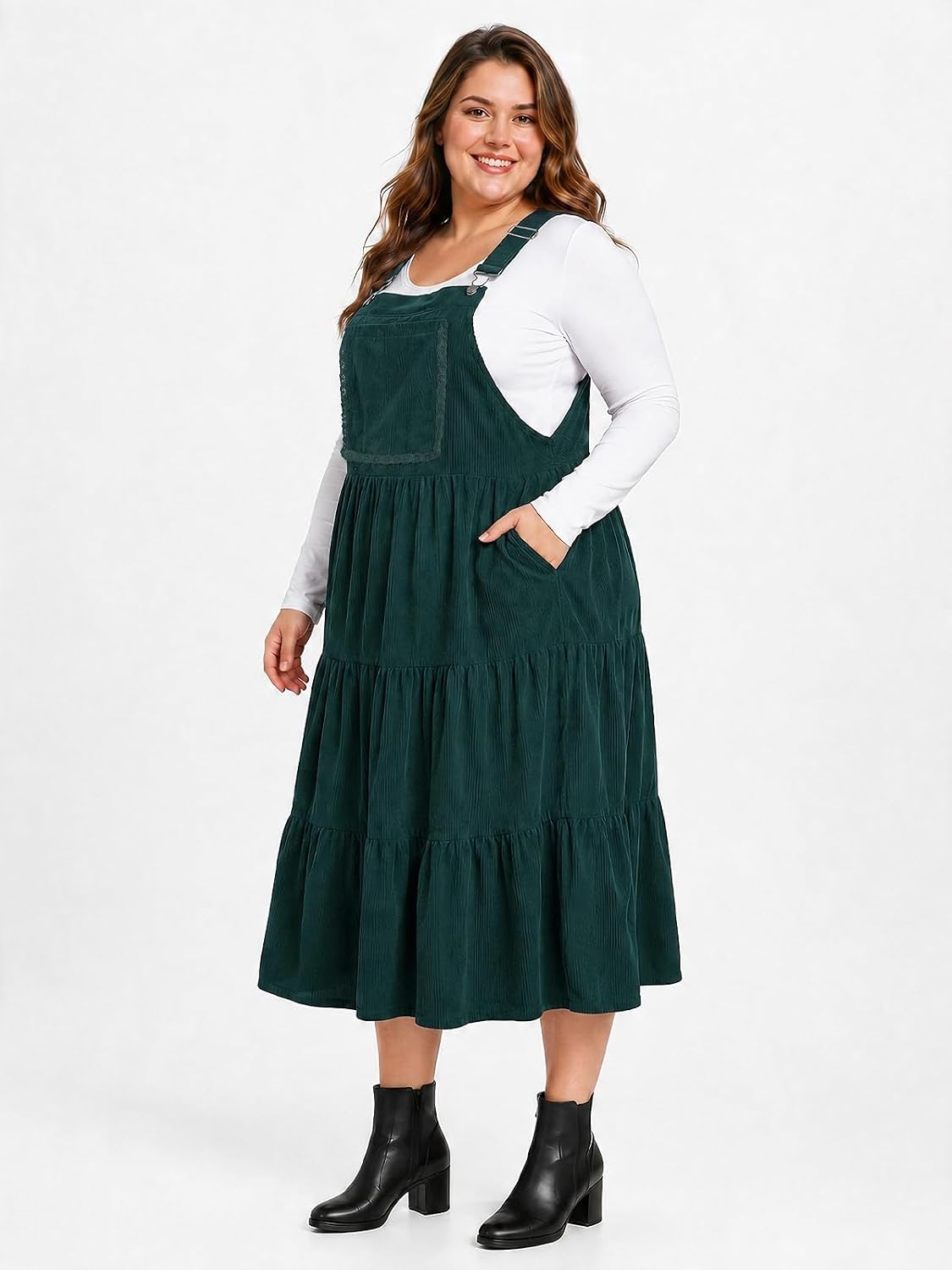 Moon Wood Plus Size Corduroy Overall Dress for Women Pinafore Jumper Dress - Dark Green