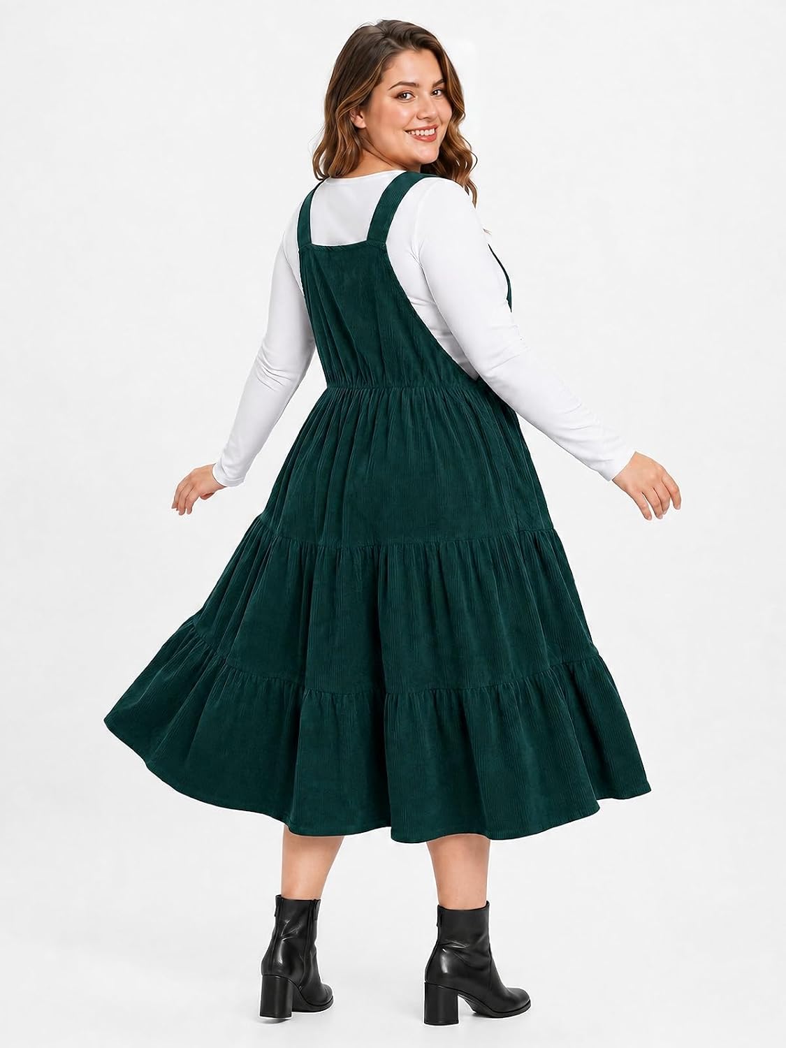 Moon Wood Plus Size Corduroy Overall Dress for Women Pinafore Jumper Dress - Dark Green