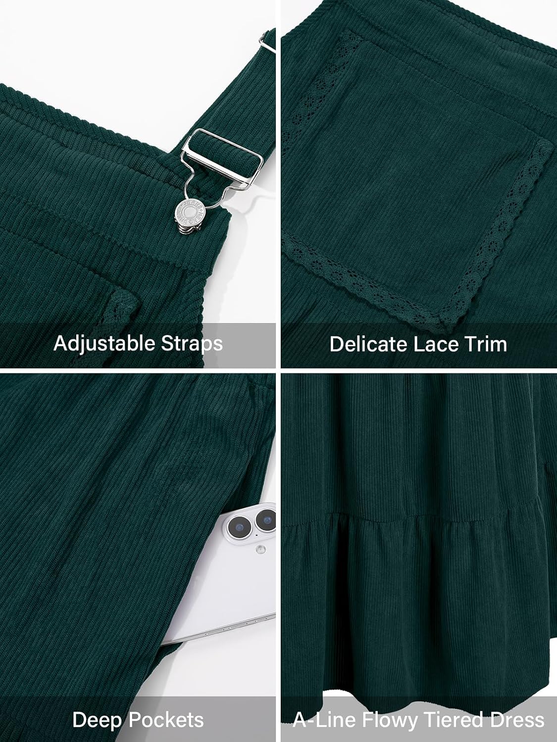 Moon Wood Plus Size Corduroy Overall Dress for Women Pinafore Jumper Dress - Dark Green