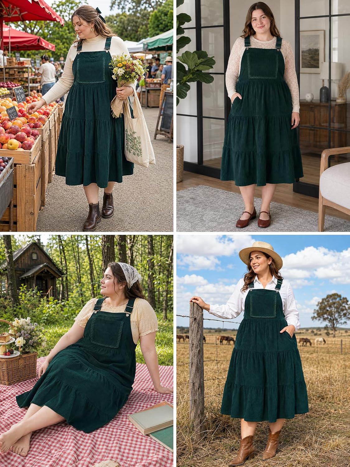 Moon Wood Plus Size Corduroy Overall Dress for Women Pinafore Jumper Dress - Dark Green