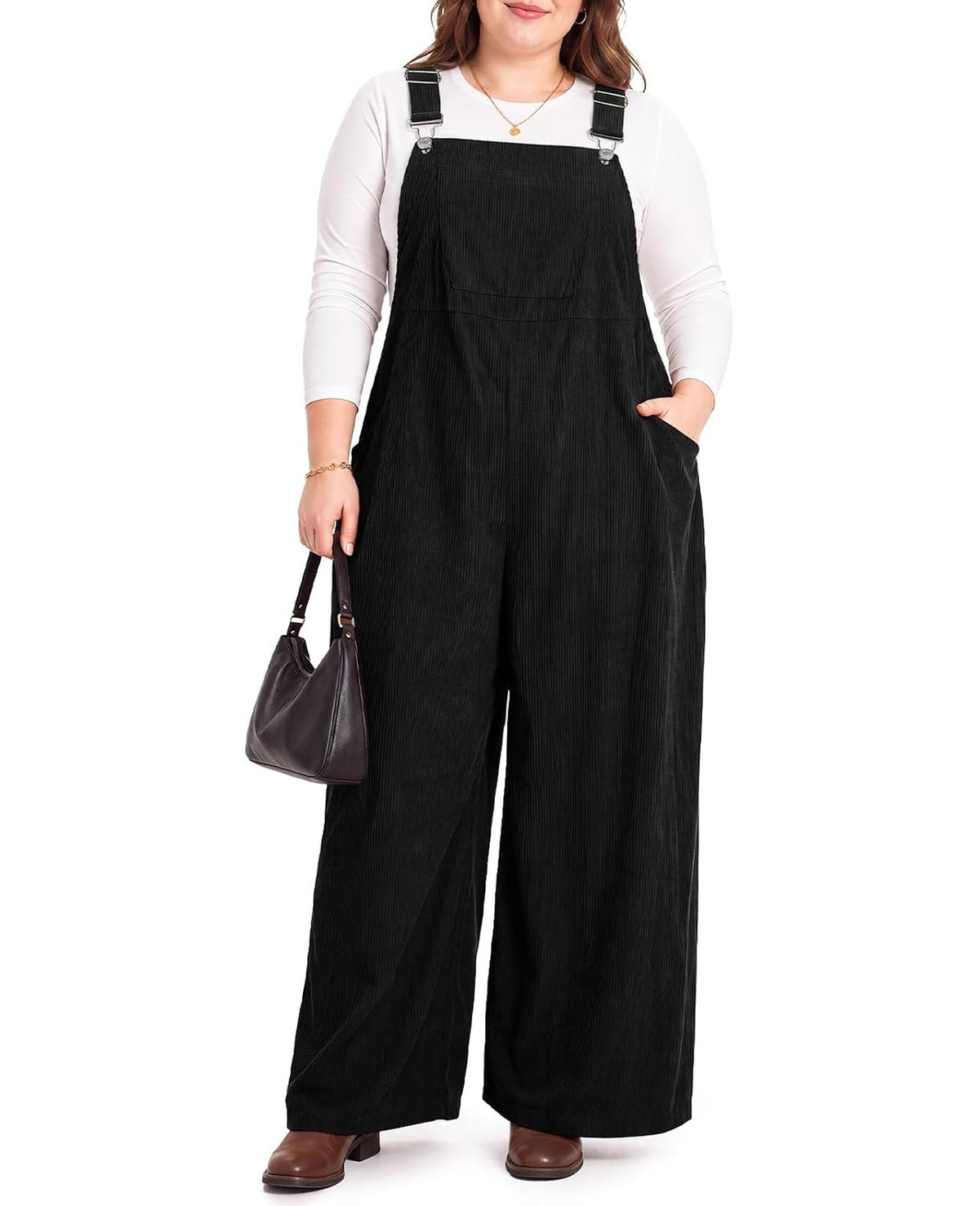 Moon Wood Plus Size Corduroy Overalls for Women Fall Jumpsuits with Pockets - Black