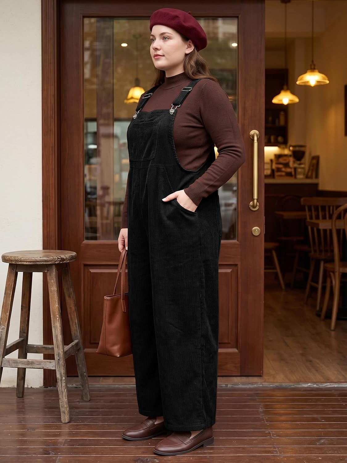 Moon Wood Plus Size Corduroy Overalls for Women Fall Jumpsuits with Pockets - Black