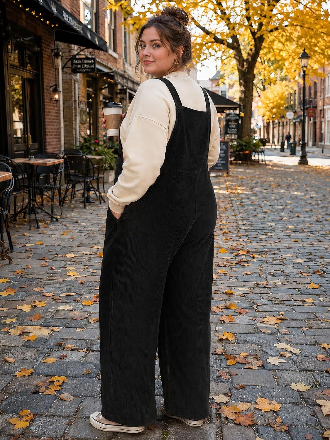 Moon Wood Plus Size Corduroy Overalls for Women Fall Jumpsuits with Pockets - Black