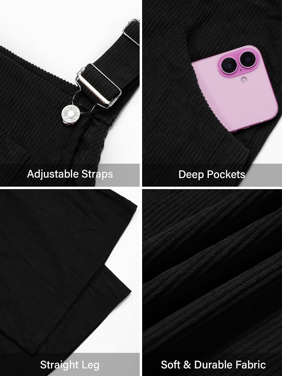 Moon Wood Plus Size Corduroy Overalls for Women Fall Jumpsuits with Pockets - Black