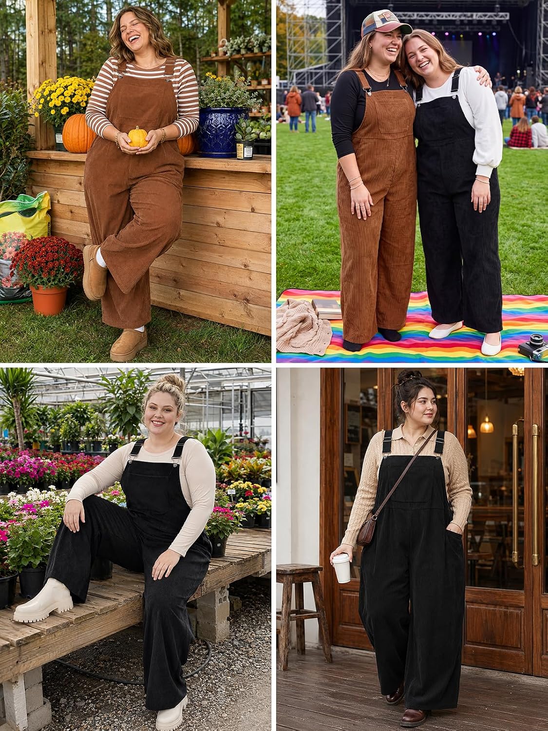 Moon Wood Plus Size Corduroy Overalls for Women Fall Jumpsuits with Pockets - Black